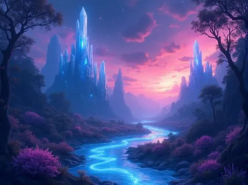 fantasy landscape,purple landscape,fantasy picture,fairy world,dreamlands,futuristic landscape,fairy chimney,fairy forest,fairyland,wonderlands,dreamscape,elven forest,gondolin,alfheim,fantasy world,fantasy art,landscape background,fairy village,rivendell,3d fantasy