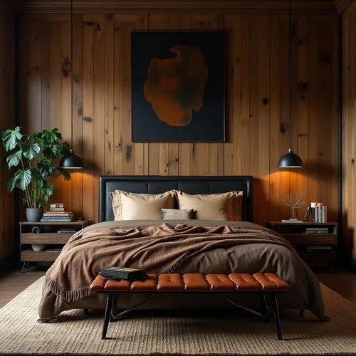  interior design,a large bed sits against wooden walls and chairs,headboards,headboard,bedroom,sleeping room,boy's room picture,wood background,Photography,Documentary Photography,Documentary Photogra