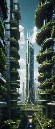 Futuristic sustainable city, skyscraper with green walls, solar panels, wind turbines, recycling facilities, electric vehicles, pedestrian-friendly streets, urban garden, vertical farm, zero-carbon em