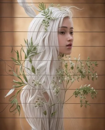 elven flower,dryad,elven,white rose snow queen,faery,fantasy portrait,willow flower,the snow queen,mugwort,faerie,birch tree background,the enchantress,laurel wreath,flora,tilia,artemisia,rapunzel,woo