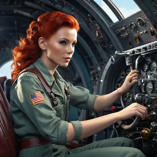 A captivating 3D render of a 29-year-old female mechanic with red hair, dressed in a standard factory overall, immaculately working inside the cockpit of a B-29 bomber, adjusting the instruments . The