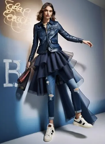 Fashion show ,woman posing in blue jacket and jeans leaning against a wall,rykiel,roitfeld,ruffini,fashion vector,ruffles,rayon,Photography,General,Commercial