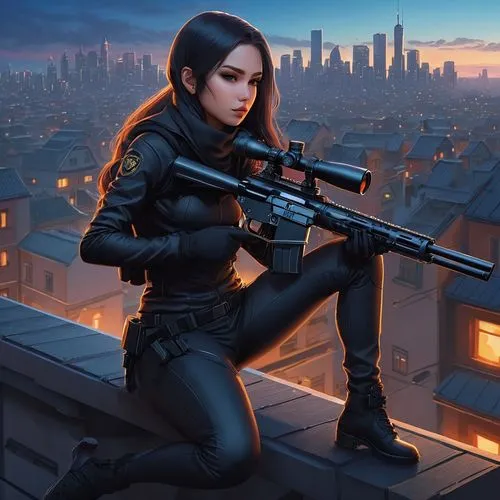 bulletgirl,girl with gun,girl with a gun,black widow,zofia,domino,dragunov,rifle,sci fiction illustration,sniper,woman holding gun,glazkov,huntress,snipers,katniss,game illustration,brigette,shadowrun,above the city,elektra,Illustration,Realistic Fantasy,Realistic Fantasy 27