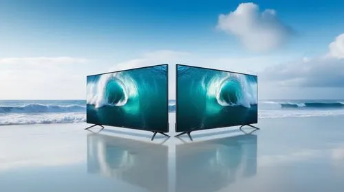 a philips under the glass with killer wave in the background with high resolution,two large tvs sitting on top of a table,cube sea,cube background,cube surface,water cube,cube love,cube,Photography,Ge