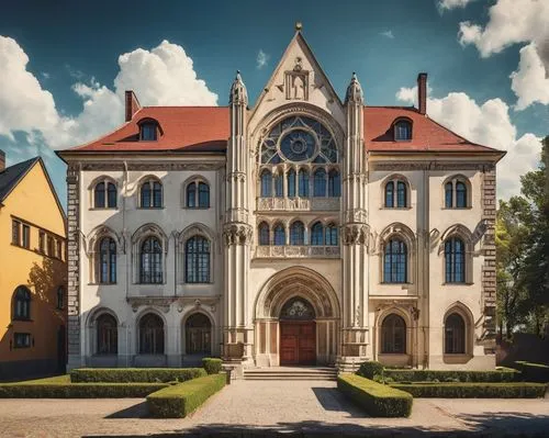 Historic German Renaissance-style building, 1915 architecture, grandiose, ornate facades, intricate stone carvings, pointed arches, tall spires, stained glass windows, heavy wooden doors, bronze door 