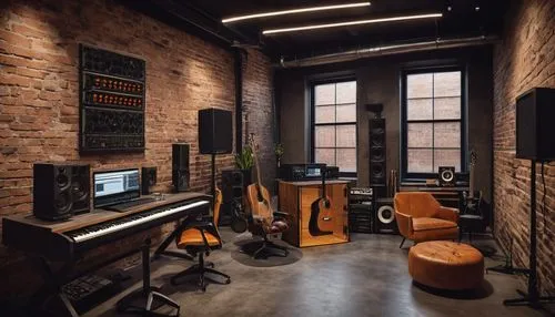 Recording studio interior, modern industrial style, wooden acoustic panels, soundproofing materials, mixing console, professional audio equipment, microphone stands, comfortable seating area, dimmable