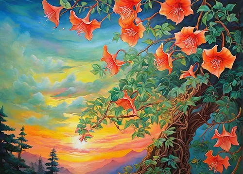 Chinese Trumpet Vine Painting - Summer Vine With Pine Tree by Eileen  Fong,angel's trumpets,flower painting,tangerine tree,oil painting on canvas,flower in sunset,orange flowers,flower tree,oil on can