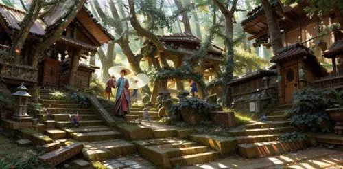 house in the forest,ancient house,fairy village,witch's house,mountain settlement,tree house,treehouse,wooden path,druid grove,elven forest,wooden houses,ancient city,the threshold of the house,fantasy picture,fantasy art,knight village,3d fantasy,forest path,lost place,fantasy landscape