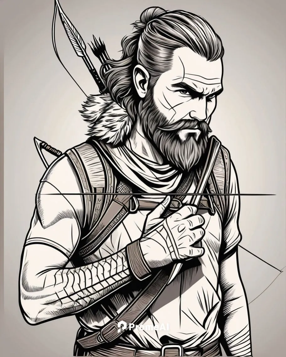 Convert this photo to a 2D vector,the character in the game, the man with the beard and bow,blackwall,sandor,dujarric,fili,siberut,ealdwulf,Illustration,Black and White,Black and White 04