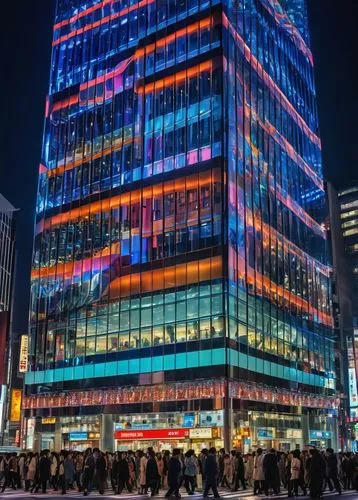 Surrealistic art installation, futuristic skyscraper, intricate metallic structure, LED lights, neon glow, abstract geometric patterns, glass façade, reflective surfaces, cityscape, nighttime, Tokyo s