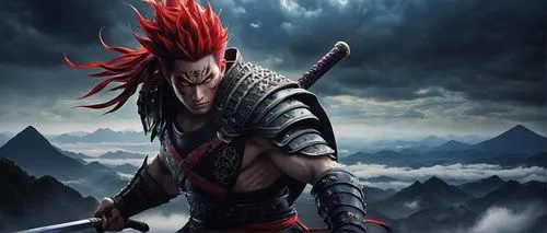 Demon Slayer, male, red spiky hair, sharp eyes, muscular build, intricate armor, sword on back, dynamic pose, epic background, clouds, mist, Japanese-inspired landscape, dramatic lighting, high contra