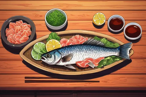 1fish, sashimi, plate, wooden table, rustic kitchen, Stardew Valley style, pixel art, vibrant colors, detailed texture, chopsticks, soy sauce dish, wasabi, pickled ginger, garnish with a lemon slice, 