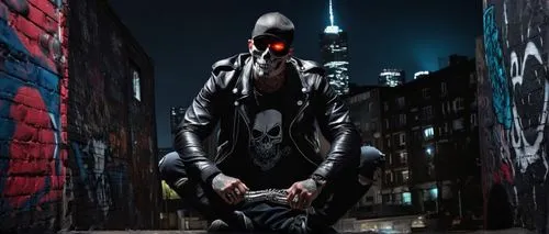 Dark themed, badass skull, metallic silver, glowing red eyes, menacing facial expression, sharp teeth, black leather jacket, ripped jeans, heavy metal accessories, bold tattoos, strong muscular arms, 