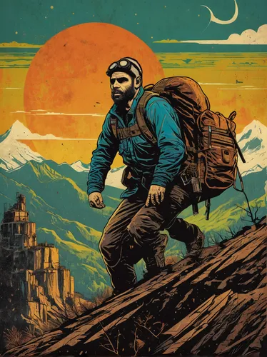 In a post-apocalyptic world, survivors climb a treacherous slope.,mountain guide,mountaineer,hiking equipment,hiker,digital nomads,backpacking,trail searcher munich,traveler,adventurer,backpacker,the 