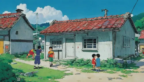 studio ghibli,kindergarten,street scene,convenience store,little house,village shop,my neighbor totoro,gobelin,watercolor shops,shirakami-sanchi,neighbourhood,red roof,gas-station,neighborhood,lonely house,small house,village scene,village life,house painting,roofs,Conceptual Art,Daily,Daily 26