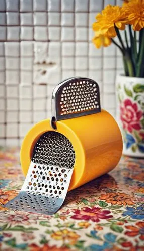 A humorous still life, cheese grater, vintage metal design, worn wooden handle, placed on a roll of colorful toilet paper, floral pattern, 3-ply, sitting on a white porcelain toilet, ornate bathroom t