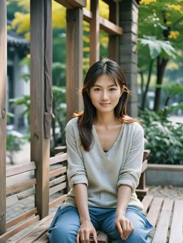 asian woman sitting on wooden bench outside posing for pograph,a young lady sitting on top of a wooden bench,younha,sooyoung,yoong,hyori,yenny,esna,Photography,Documentary Photography,Documentary Phot