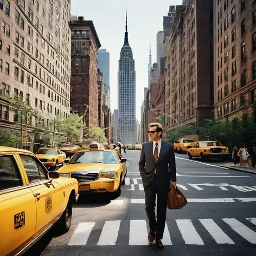 Walking, architecture enthusiast, middle-aged man, casual outfit, black glasses, short brown hair, beard, holding a camera, walking stick, New York City, daytime, sunny weather, concrete jungle, skysc