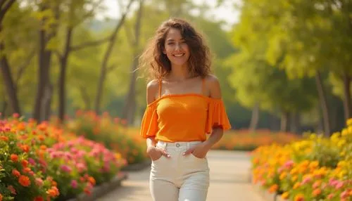 Vibrant tangerine color, energetic atmosphere, sunny day, bright outdoor setting, beautiful young girl, 18yo, casual wear, tangerine off-shoulder top, high-waisted white pants, sneakers, messy curly h