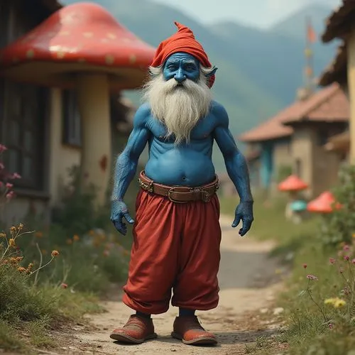 Jolly slim shirtless midget blue old man with blue skin with white beard in red Phrygian cap in long baggy red pans wearing big red shoes in a mushroom colorful village ,blue man with beard and long w