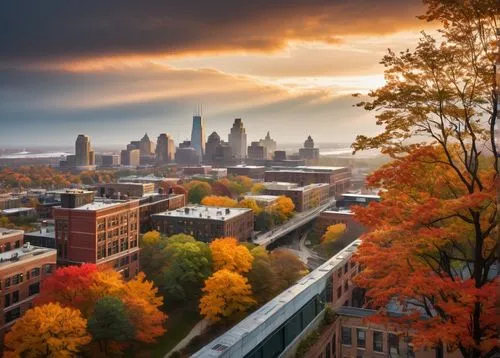 Rochester cityscape, modern architectural design, sleek glass skyscraper, silver metallic frames, rooftop garden, greenery, urban jungle, bustling streets, High Falls District, Genesee River, autumn f