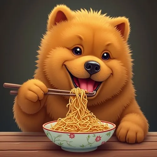 Chow Chow dog eating chow mein with chopsticks; no background .,a brown bear holding chopsticks and eating spaghetti,spagnuolo,borgetti,fried noodles,bami,oglio,noodles