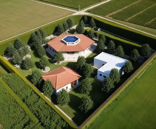 
Desde una vista de águila, se observa el edificio hexagonal en el centro de un terreno de 50x50 metros. La fachada principal está revestida con piedra decorativa, destacando con una puerta doble y am