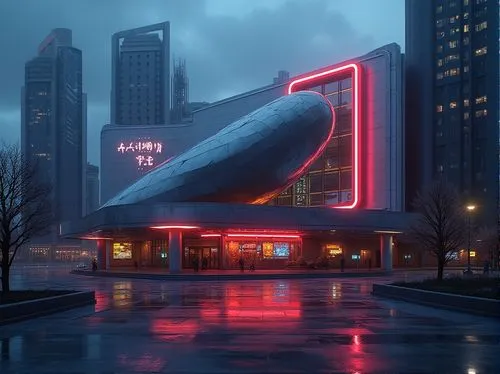 retro diner,cinerama,futuristic art museum,polara,drive in restaurant,cybercity,futuristic architecture,niemeyer,kirca,alchemax,cinema,cinemas,metropolis,diner,futuristic,futuristic landscape,susukino,cybertown,movie theater,rain bar,Photography,General,Realistic