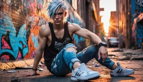 tiber riven,trunks,ninja,punk,anime boy,2d,kakashi hatake,cosplay image,blue hair,mohawk,vegeta,denims,skater,grunge,photo session in torn clothes,ryan navion,street fashion,killua,street dancer,street sports,Conceptual Art,Fantasy,Fantasy 26