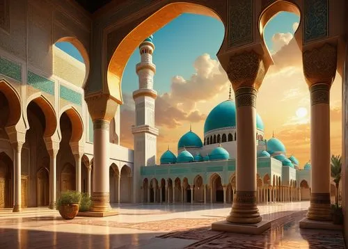 Neo Moorish architecture, grand mosque, intricate stone carvings, ornate arches, Islamic geometric patterns, vibrant turquoise domes, minarets, grand entrance, ornate doors, intricate mosaics, golden 