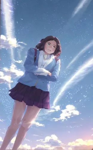 a photography full body of a beautiful caucasian young 19 years old, brown small hair, wearing a blue uniform scholar, blue miniskirt stand up in a college at sunset as background,sky,chidori is the c