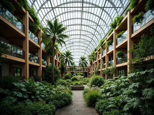 Lush tropical plants, curved glass roofs, steel frames, wooden beams, clerestory windows, natural ventilation systems, automatic irrigation networks, misting systems, warm humid climate, soft diffused