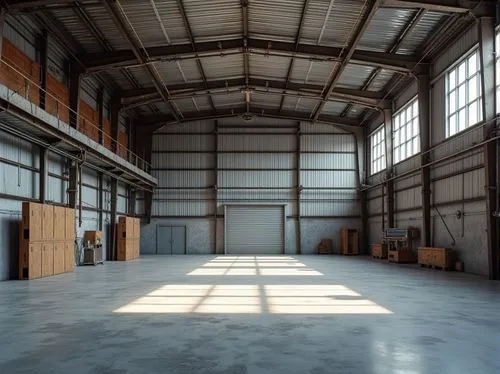 Industrial warehouse, metal framework, concrete floors, corrugated steel roofing, reinforced walls, weathered wood accents, rust-resistant fasteners, durable epoxy coatings, scratch-proof surfaces, hi