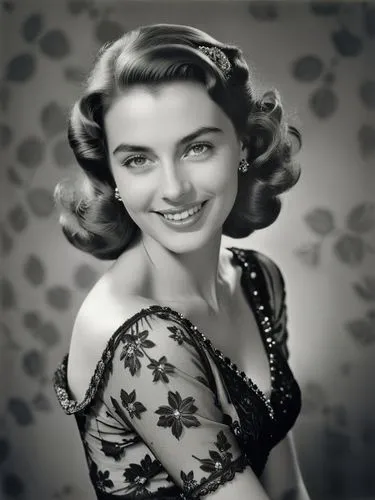 B&W: Female smiling into the camera,a smiling woman wearing a very short top,jean simmons-hollywood,jane russell-female,ingrid bergman,vintage female portrait,rosemarie,jane russell,Photography,Black 