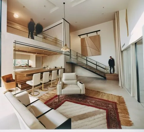 Design a minimalist style loft in an open space with double height. The living room has modern armchairs and a Persian-style rug on a wooden floor. The kitchen has a bar with modern finishes. There is