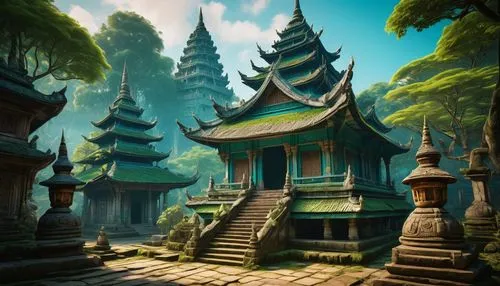 Ancient Locsin temple, intricate stone carvings, ornate facades, towering spires, vibrant turquoise roofs, golden accents, lush greenery surrounding, misty atmosphere, warm sunlight filtering through 