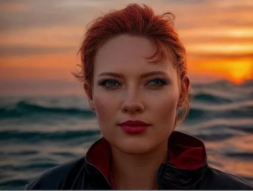 As the sun begins to dip below the horizon, a stunning portrait of a vibrant caucasian girl Rebecca Ferguson 22 years old comes to life, dressed in a sparkling red dress and a bold black jacket. She s