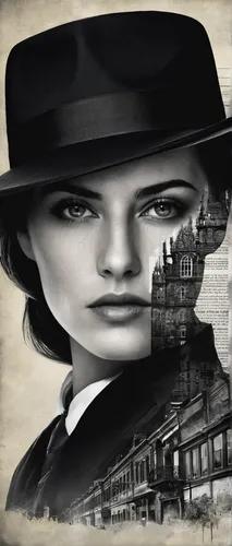 the girl at the station,black hat,bowler hat,image manipulation,investigator,private investigator,photomontage,postal elements,inspector,city ​​portrait,play escape game live and win,the hat-female,the hat of the woman,victorian lady,detective,monarch online london,secret agent,stovepipe hat,spy visual,gothic portrait,Photography,Black and white photography,Black and White Photography 07