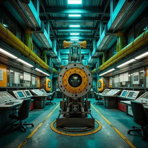 Industrial machinery, metallic structures, vibrant turquoise pipes, neon green accents, bold yellow warning signs, rustic steel beams, functional control rooms, sleek modern architecture, high-tech ga