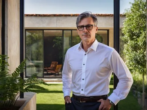 Middle-aged man, architect, standing, white shirt, black tie, formal trousers, black leather shoes, holding blueprints, confident expression, strong jawline, glasses, short brown hair, subtle wrinkles