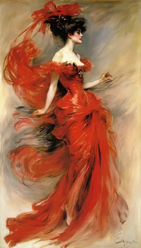 Portrait of Madame Julliard in Red 1912 | Giovanni Boldini | Oil Painting,flamenco,man in red dress,lady in red,whirling,dancer,girl in a long dress,woman playing,red gown,fire dance,twirling,twirl,da