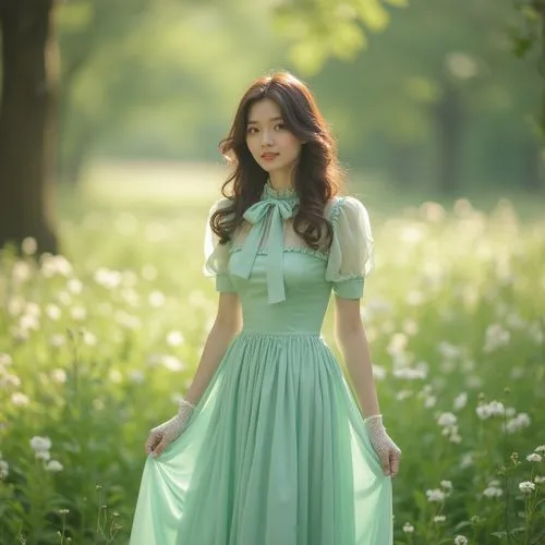 hanbok,girl in a long dress,mint blossom,beautiful girl with flowers,green dress,reen,innisfree,butterfly green,aerith,in green,flower fairy,geum,hanqiong,vintage dress,girl in the garden,ao dai,sooyoung,davichi,fairy tale character,country dress,Photography,General,Realistic