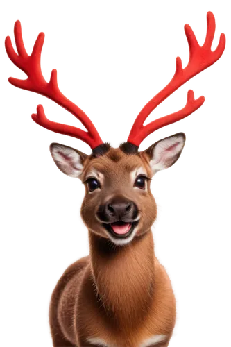 Rudolph, reindeer, red nose, antlers, fur, Santa's helper, festive, Christmas theme, shiny eyes, smiling face, soft focus, warm lighting, close-up shot, PNG with transparent background.,raindeer,chris