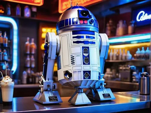 R2-D2, serving drinks, shiny metallic body, bright blue and white paint, small stature, whirring sounds, futuristic cafe, neon lights, holographic menu display, chrome countertops, steaming coffee mac