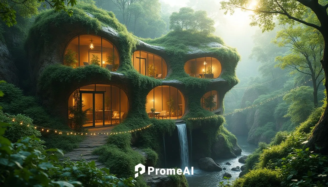 Surrealistic fusion of architecture and nature, futuristic eco-friendly building, blending seamlessly into lush green forest, vines crawling up walls, windows resembling waterfalls, iridescent glass, 