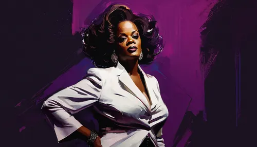 fashion illustration,sarah vaughan,business woman,businesswoman,white coat,black woman,purple background,la violetta,the purple-and-white,digital painting,pretty woman,cosmopolitan,woman in menswear,fashion vector,jazz singer,african american woman,overcoat,femme fatale,purple rain,black businessman,Conceptual Art,Fantasy,Fantasy 06