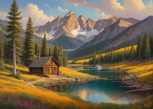 landscape background,home landscape,the cabin in the mountains,house in mountains,mountain scene,small cabin,house in the mountains,mountain landscape,log cabin,world digital painting,salt meadow landscape,house with lake,nature landscape,meadow landscape,summer cottage,alpine landscape,beautiful landscape,nature background,fantasy landscape,lonely house,Illustration,Realistic Fantasy,Realistic Fantasy 32