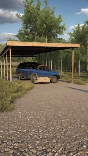 make a car shelter on an open ground
make the shelter on ground,parking lot under construction,garage,visitor center,rest area,drive-in theater,3d rendering,pontiac 2+2,covered bridge,underground gara