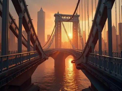 Art Deco bridge, luxurious, metallic material, ornate railings, curved lines, geometric patterns, cityscape, riverbank, sunset time, warm golden light, misty atmosphere, majestic pillars, grand arches