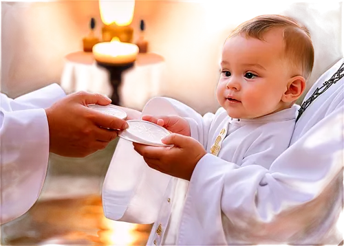 Baptism, sacred ceremony, holy water, white robe, innocent baby, gentle hands, priest's blessing, soft focus, warm lighting, shallow depth of field, 3/4 composition, pastel colors, serene atmosphere.,